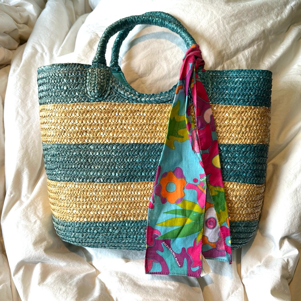 Straw summer bag by Ralph Lauren, with decorative tie. Smoke free home. EUC